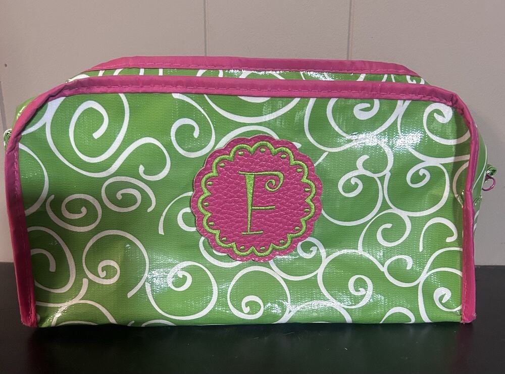 Monogram F Green Pink Swirl Cosmetic Makeup Bag Travel Organizer 10” 4”